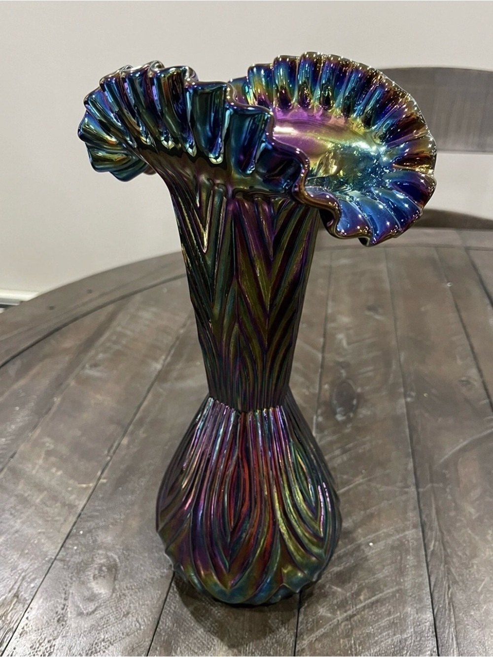 Vtg Fenton Amethyst Black Carnival Ribbed & Crimped Glass Vase